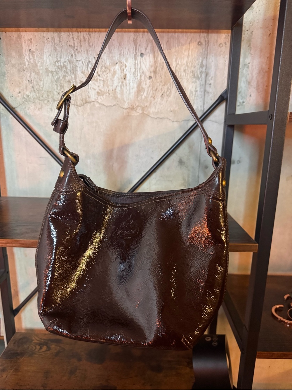 Coach Y2K Dark Brown Crinkle Patent Leather Shoulder Bag! No Hangtag